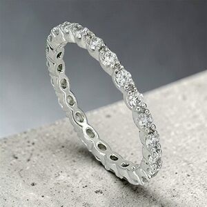 Platinum Plated CZ Eternity Ring | Full Band Stackable Ring | Silver Tone